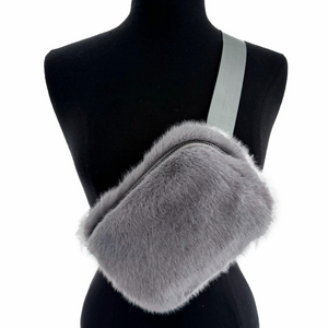 The Cashmere Project Faux Fur Fuzzy Belt Bag Fanny Pack Gray Siper Soft NEW